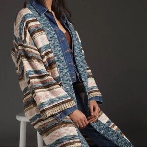 By Anthropologie Lizzie Shimmer Stripe Knit Cardigan Duster Kimono Retro Sweater